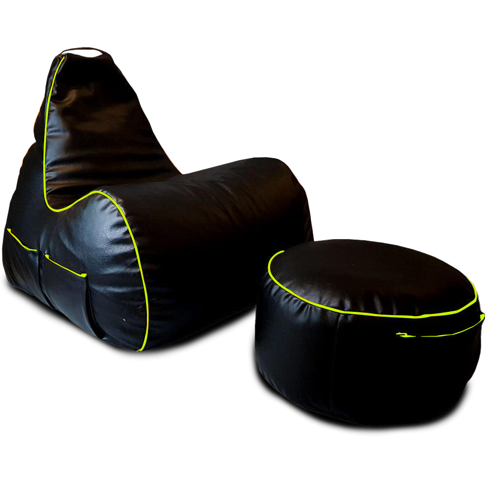 Relaxsit Gaming Chair Bean Bag – Leather Bean Bag Set for Adults with Foot Stool – Headset Holder and Side Pocket for Console - Relaxsit