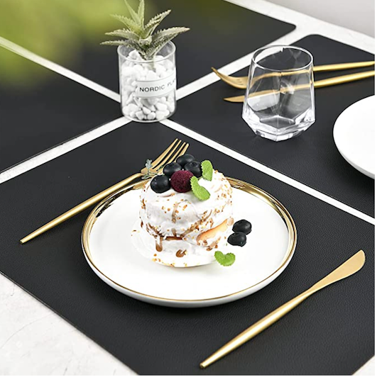 Relaxsit Black PU Leather Placemats Set of 4 & 6 Waterproof Heat Resistant Durable Non-Slip Table Mats for Kitchen Dining Table, restaurants, and commercial kitchen use.