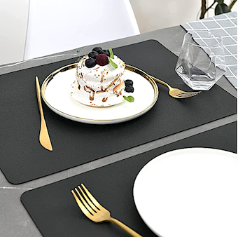 Relaxsit Black PU Leather Placemats Set of 4 & 6 Waterproof Heat Resistant Durable Non-Slip Table Mats for Kitchen Dining Table, restaurants, and commercial kitchen use.