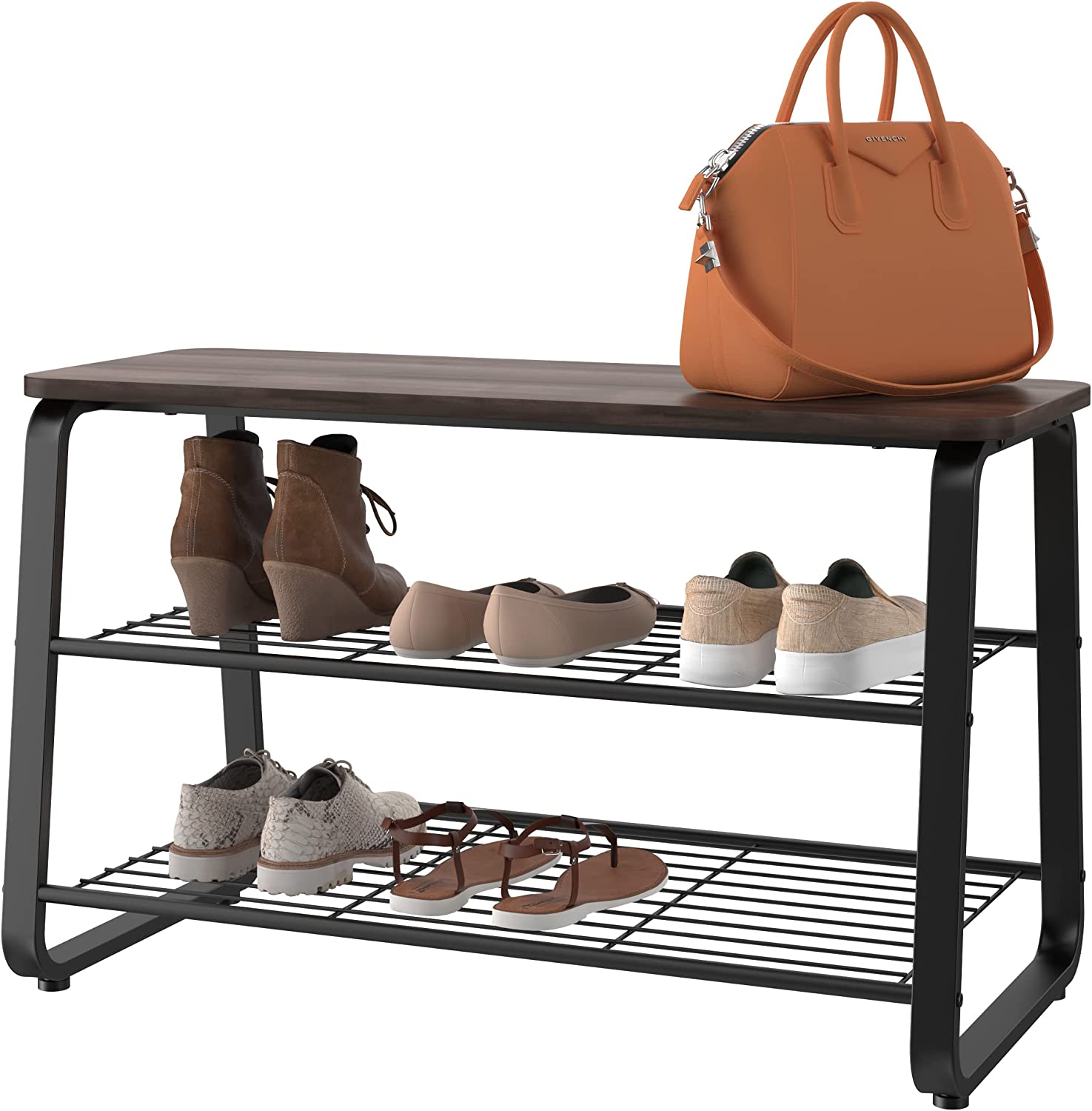 relaxsit 3 Tier Shoe Rack Bench with Metal Frame, Wire Shelves Wood Seat, for Entryway, Hallway, Living Room, Mudroom, Doorway, Modern Walnut Finish