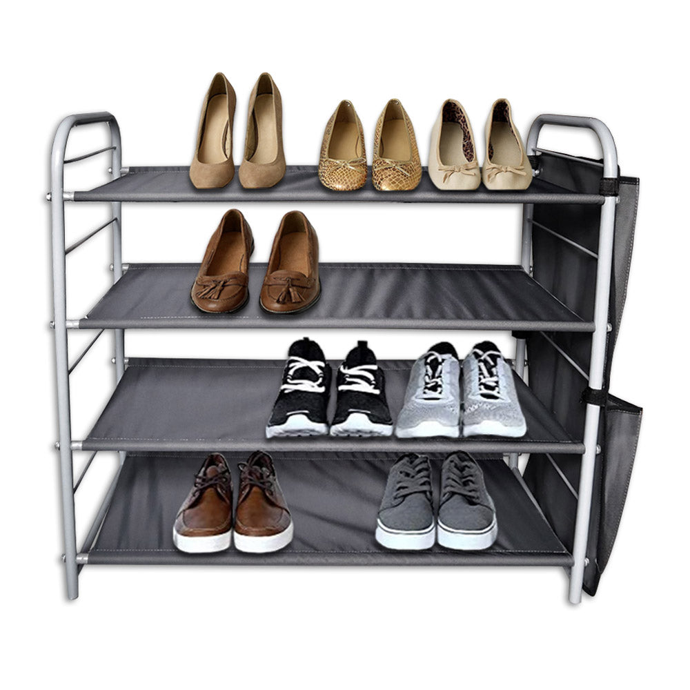 relaxsit 4-Tier Stackable Shoe Rack, Fabric Shoe Shelf Storage Organizer, with side pockets