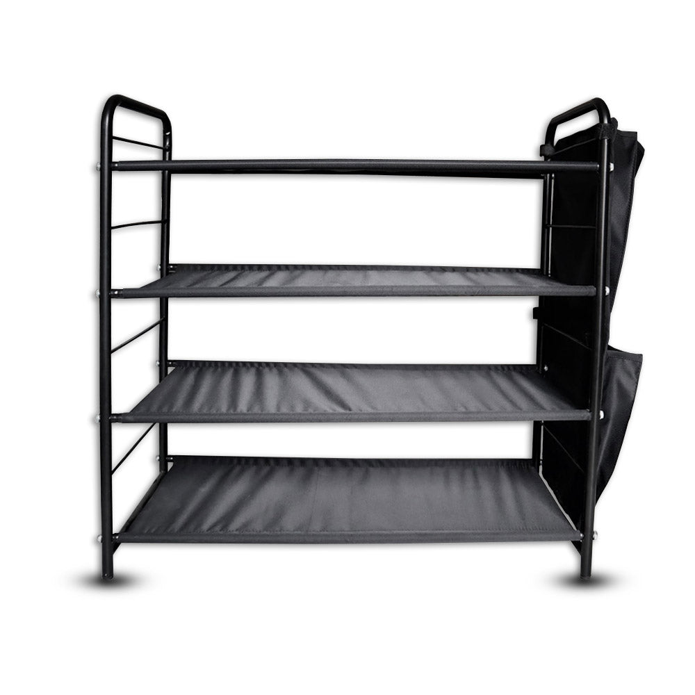 relaxsit 4-Tier Stackable Shoe Rack, Fabric Shoe Shelf Storage Organizer, Black with side pockets