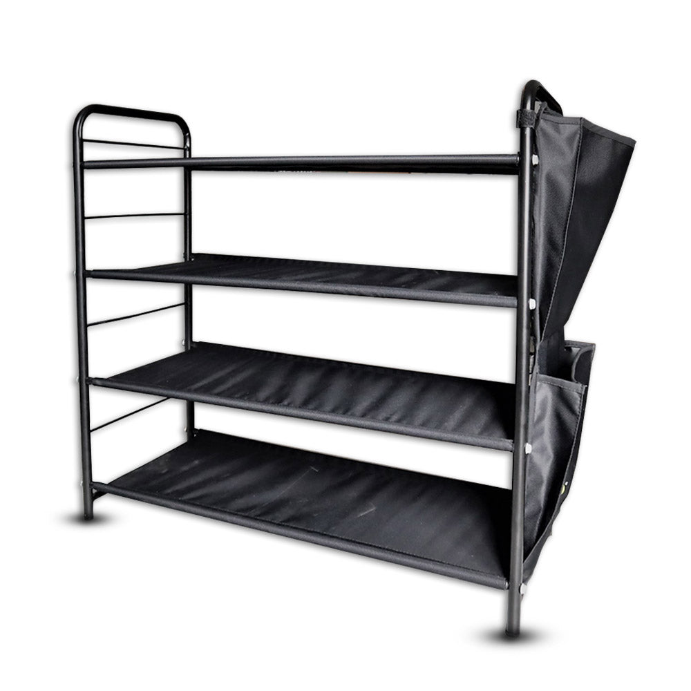 relaxsit 4-Tier Stackable Shoe Rack, Fabric Shoe Shelf Storage Organizer, Black with side pockets