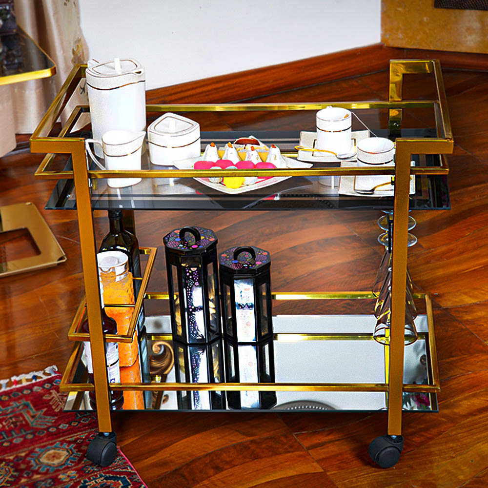 GLASGLOW Serving Trolley - serving cart size 30" x 16.5" x 28" Golden