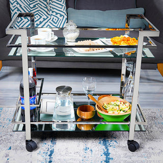 GLASGLOW Serving Trolley - serving cart size 30" x 16.5" x 28" Silver