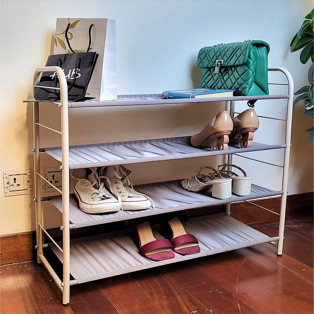 relaxsit 4-Tier Stackable Shoe Rack, Fabric Shoe Shelf Storage Organizer, Black with side pockets
