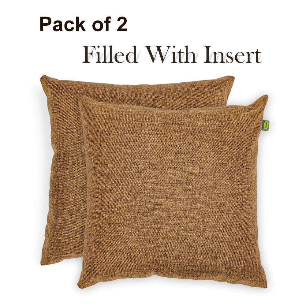 Relaxsit (Pack of 2) Jute Cushions Decorative Throw Pillow with Poms border Filled Cushion 17x17 inches