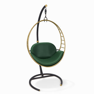 Relaxsit Orbit Swing Chair Indoor with solid foldable Stand – Green Leather seat & Golden Stainless steel openable Swing Frame