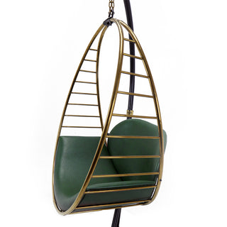 Relaxsit Orbit Swing Chair Indoor with solid foldable Stand – Green Leather seat & Golden Stainless steel openable Swing Frame