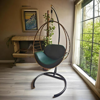 Relaxsit Orbit Swing Chair Indoor with solid foldable Stand – Green Leather seat & Golden Stainless steel openable Swing Frame