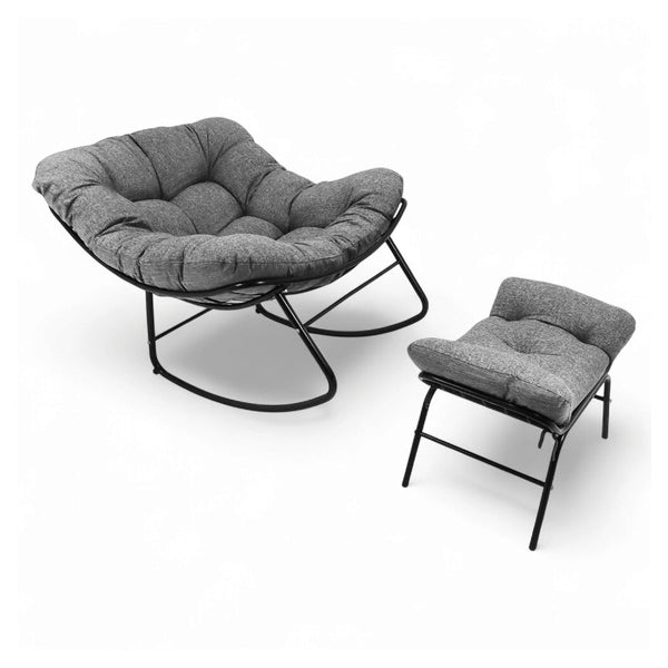 Relaxsit AURA Rocking Chair with Ottoman Indoor and outdoor use, Lounge, bedroom, Balcony, Backyard, Patio Chair, Modern living with natural jute / water repellant Oxford fabric Grey Tuffted Cushion filled with polyester ball Fiber..