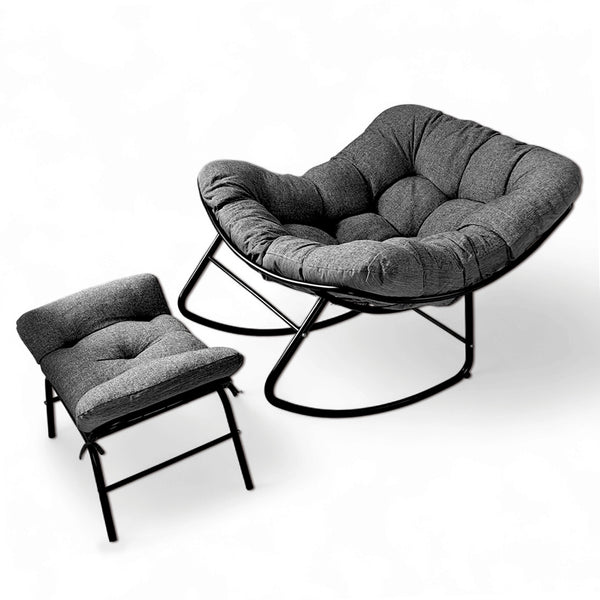 Relaxsit AURA Rocking Chair with Ottoman Indoor and outdoor use, Lounge, bedroom, Balcony, Backyard, Patio Chair, Modern living with natural jute / water repellant Oxford fabric Grey Tuffted Cushion filled with polyester ball Fiber..