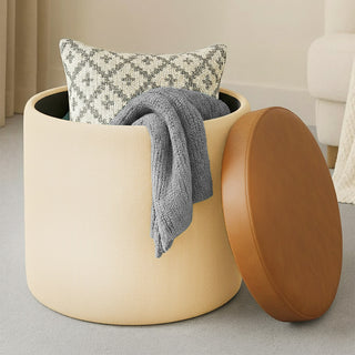 Relaxsit Round Ottoman / table with Storage, Faux Leather Tufted Storage Ottoman,Boucle Vanity Stool Footrest padded seat Coffee Table for Living Room, Bedroom, 6 colour options