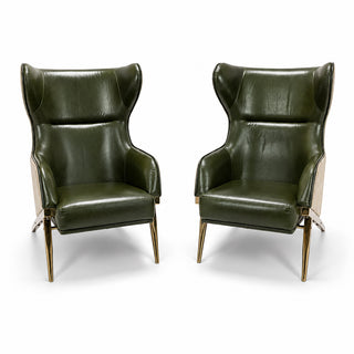 Luxury Genuine Leather Relaxsit Wing Chair – Modern High Back Accent Lounge Chair Green Leather Armchair