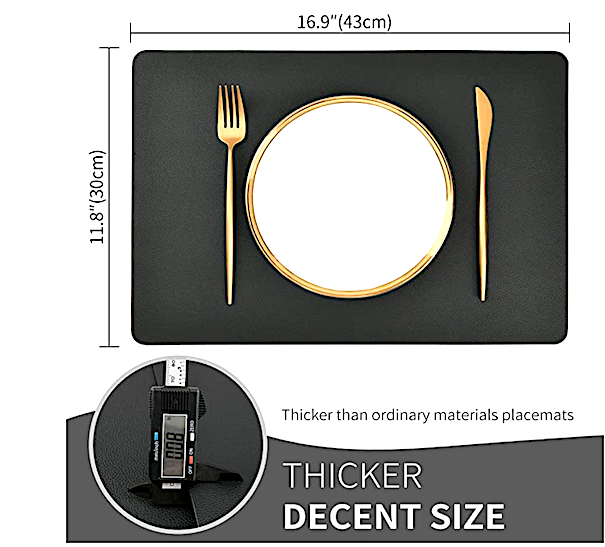 Relaxsit Black PU Leather Placemats Set of 4 & 6 Waterproof Heat Resistant Durable Non-Slip Table Mats for Kitchen Dining Table, restaurants, and commercial kitchen use.