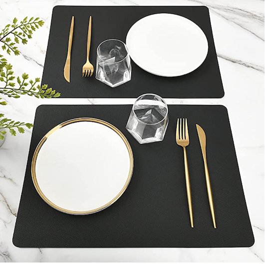 Relaxsit Black PU Leather Placemats Set of 4 & 6 Waterproof Heat Resistant Durable Non-Slip Table Mats for Kitchen Dining Table, restaurants, and commercial kitchen use.