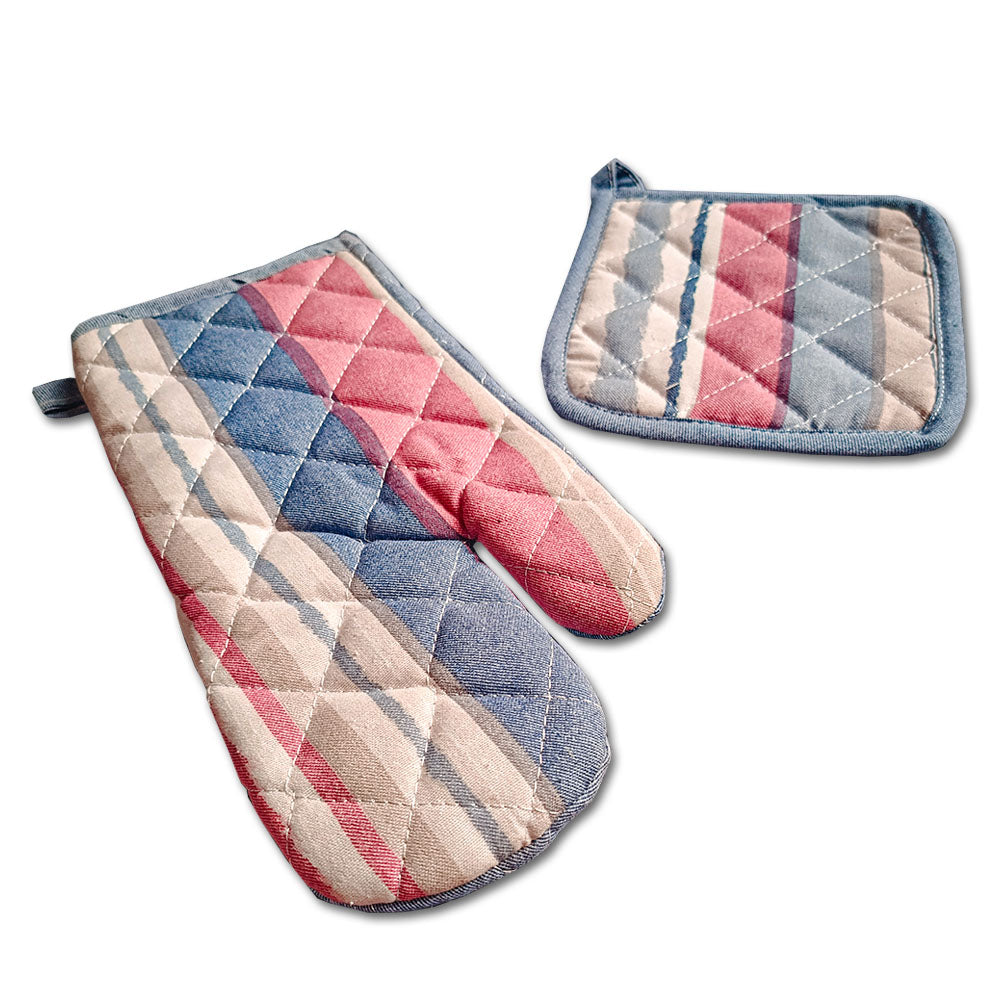 Relaxsit Heat Resistant Kitchen Oven Gloves or mitt set (Pack of 2) and glove plus potholder (set of 2) Printed chef's gloves with reinforced web guard plus cotton