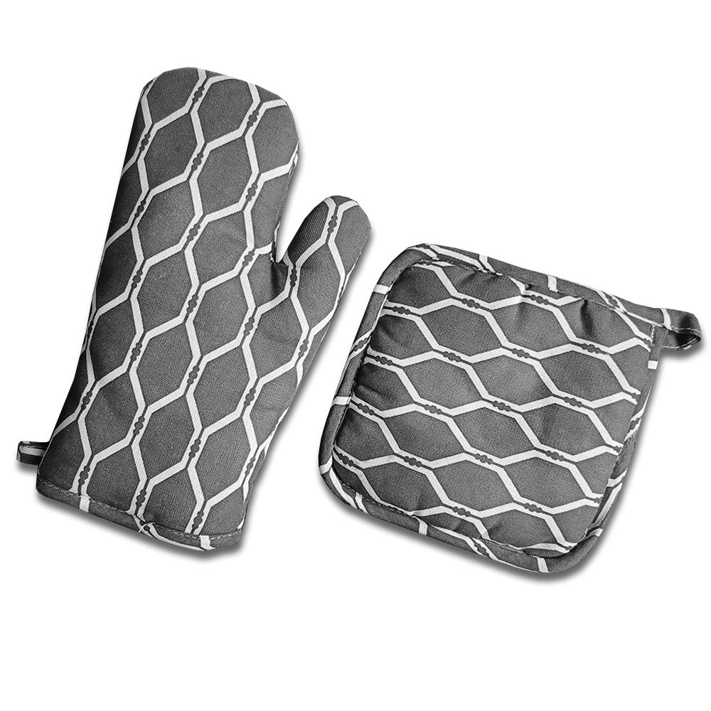 Relaxsit Heat Resistant Kitchen Oven Gloves or mitt set (Pack of 2) and glove plus potholder (set of 2) Printed chef's gloves with reinforced web guard plus cotton