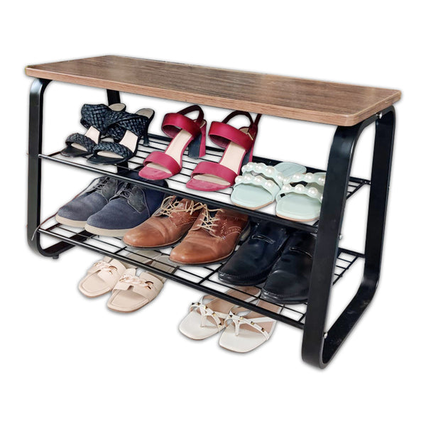 relaxsit 3 Tier Shoe Rack Bench with Metal Frame, Wire Shelves Wood Seat, for Entryway, Hallway, Living Room, Mudroom, Doorway, Modern Walnut Finish