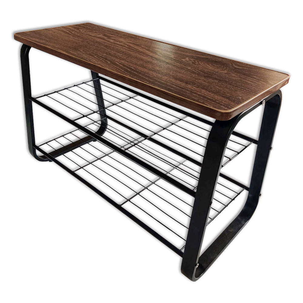 relaxsit 3 Tier Shoe Rack Bench with Metal Frame, Wire Shelves Wood Seat, for Entryway, Hallway, Living Room, Mudroom, Doorway, Modern Walnut Finish