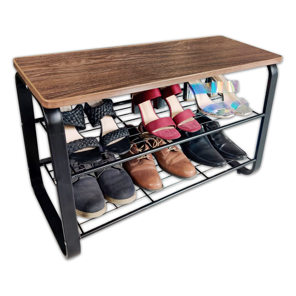 relaxsit 3 Tier Shoe Rack Bench with Metal Frame, Wire Shelves Wood Seat, for Entryway, Hallway, Living Room, Mudroom, Doorway, Modern Walnut Finish