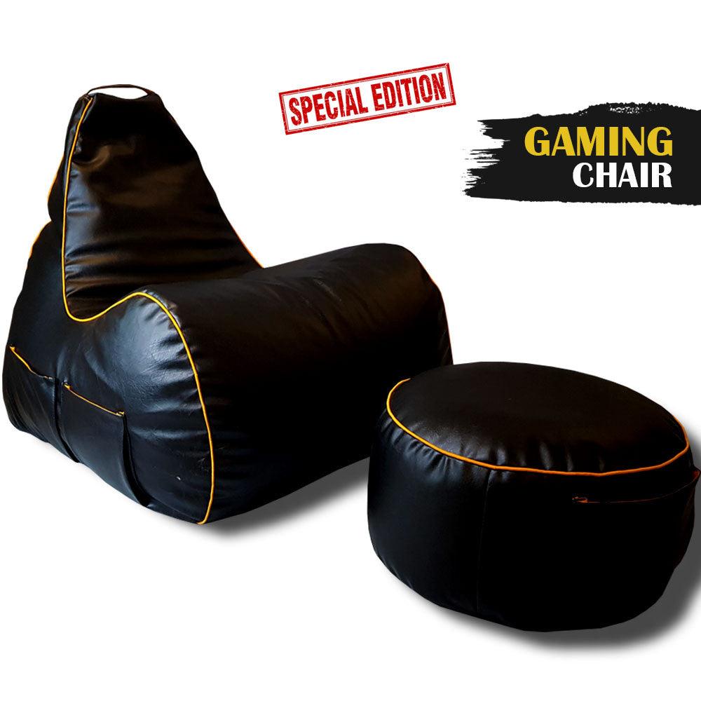 Relaxsit Gaming Chair Bean Bag – Leather Bean Bag Set for Adults with Foot Stool – Headset Holder and Side Pocket for Console -  - Relaxsit