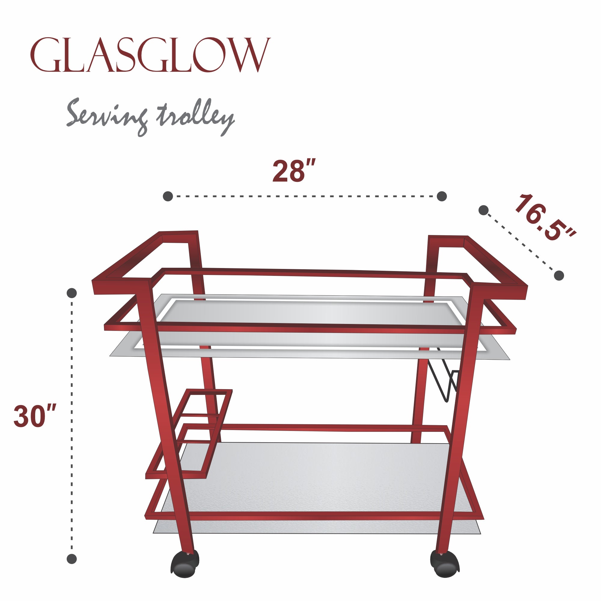 GLASGLOW Serving Trolley - serving cart size 30" x 16.5" x 28" Silver