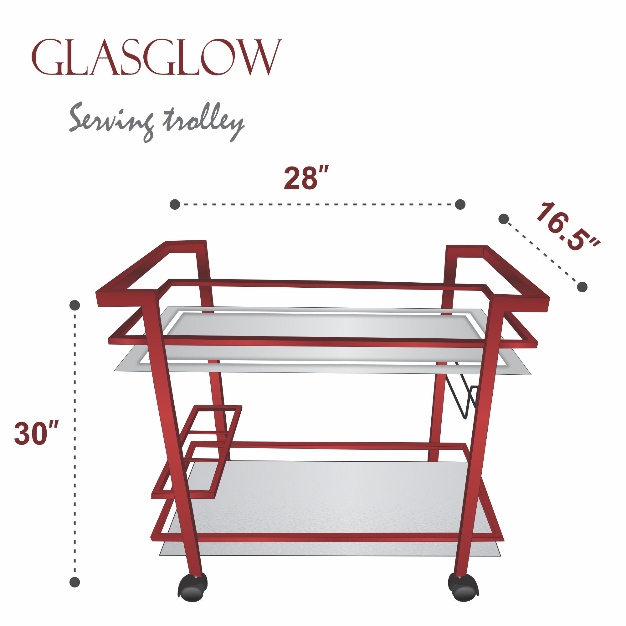 GLASGLOW Serving Trolley - serving cart size 30" x 16.5" x 28" Maroon