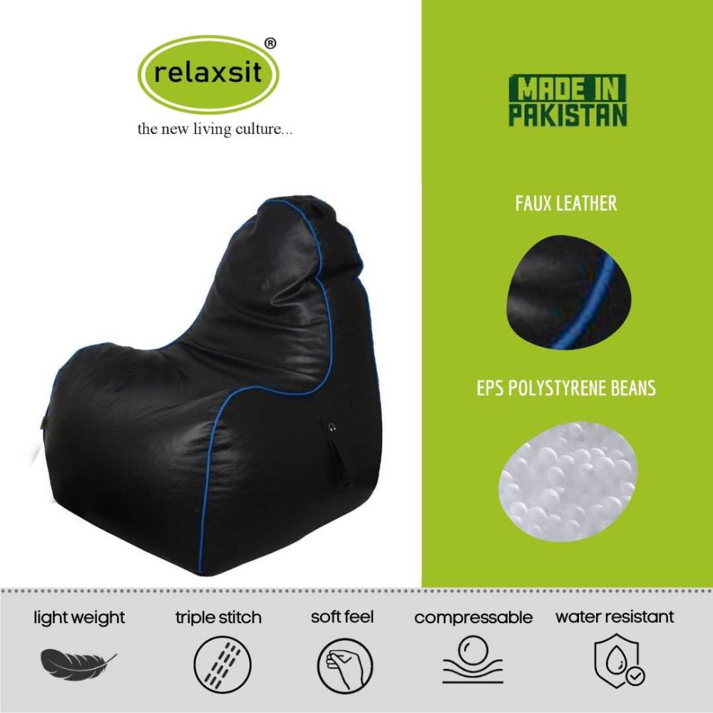 Relaxsit Gaming Chair Bean Bag – Leather Bean Bag Set for Adults with Foot Stool – Headset Holder and Side Pocket for Console -  - Relaxsit