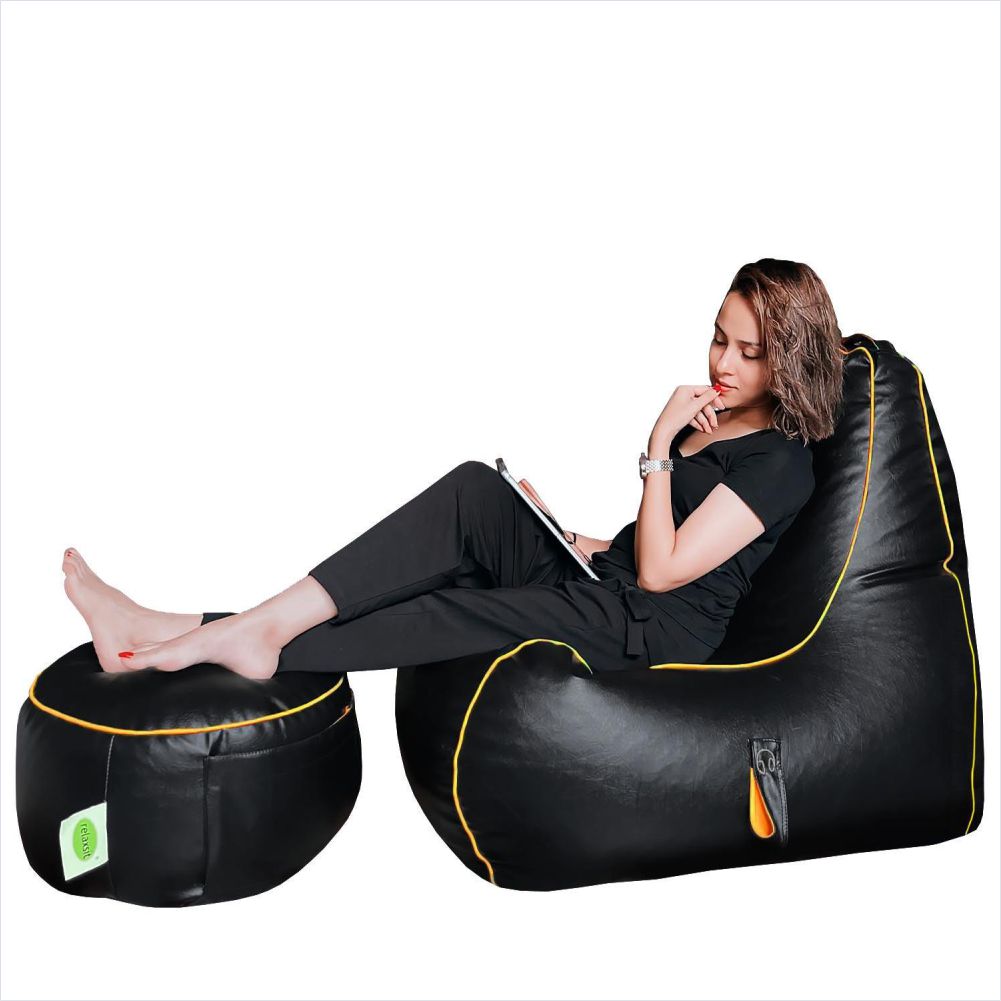 Relaxsit Gaming Chair Bean Bag – Leather Bean Bag Set for Adults with Foot Stool – Headset Holder and Side Pocket for Console -  - Relaxsit