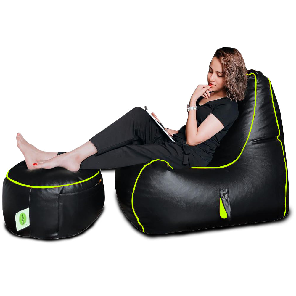 Relaxsit Gaming Chair Bean Bag – Leather Bean Bag Set for Adults with Foot Stool – Headset Holder and Side Pocket for Console - Relaxsit
