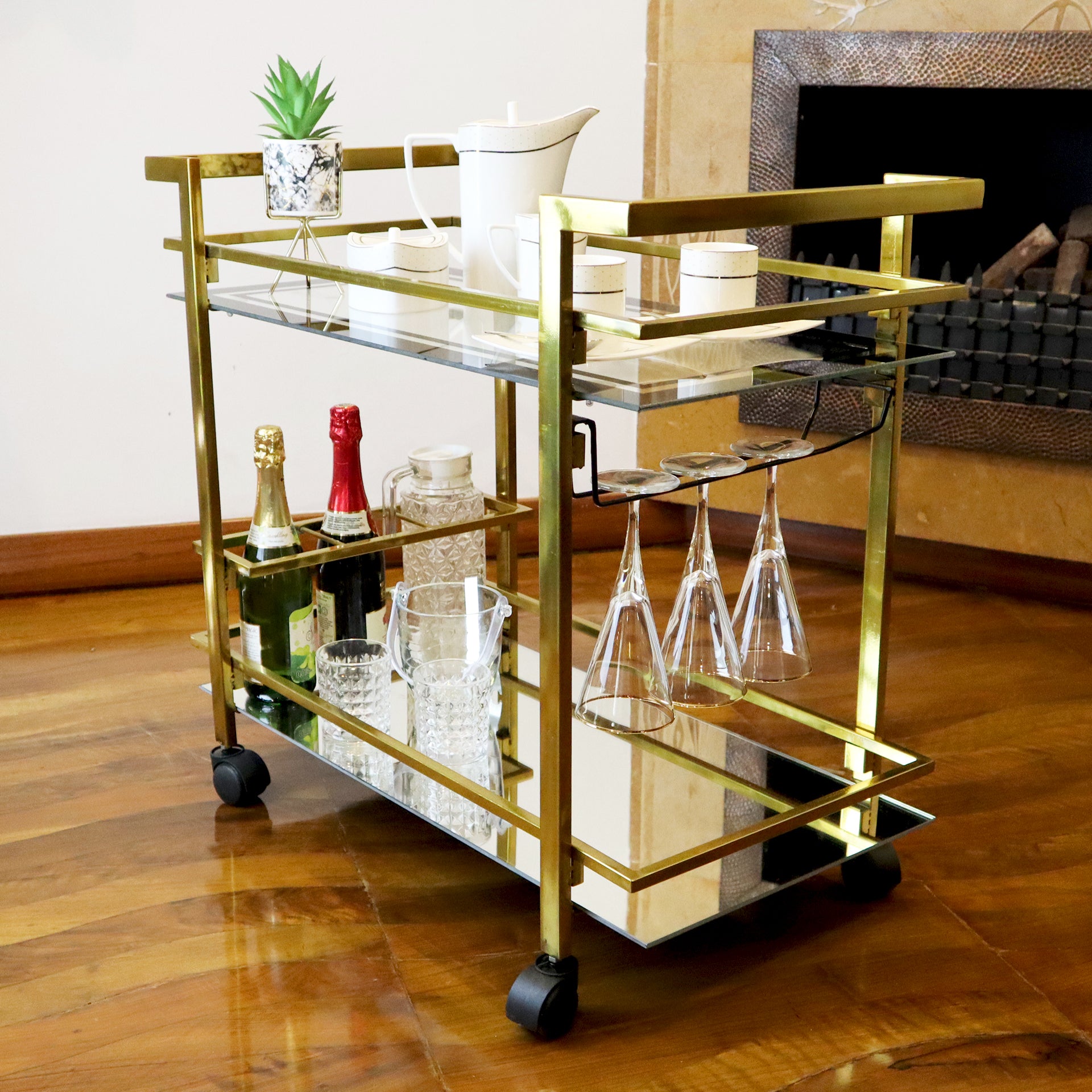 GLASGLOW Serving Trolley - serving cart size 30" x 16.5" x 28" Golden