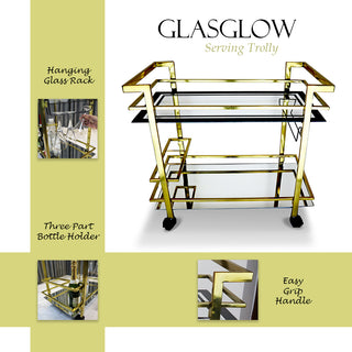 GLASGLOW Serving Trolley - serving cart size 30" x 16.5" x 28" Golden