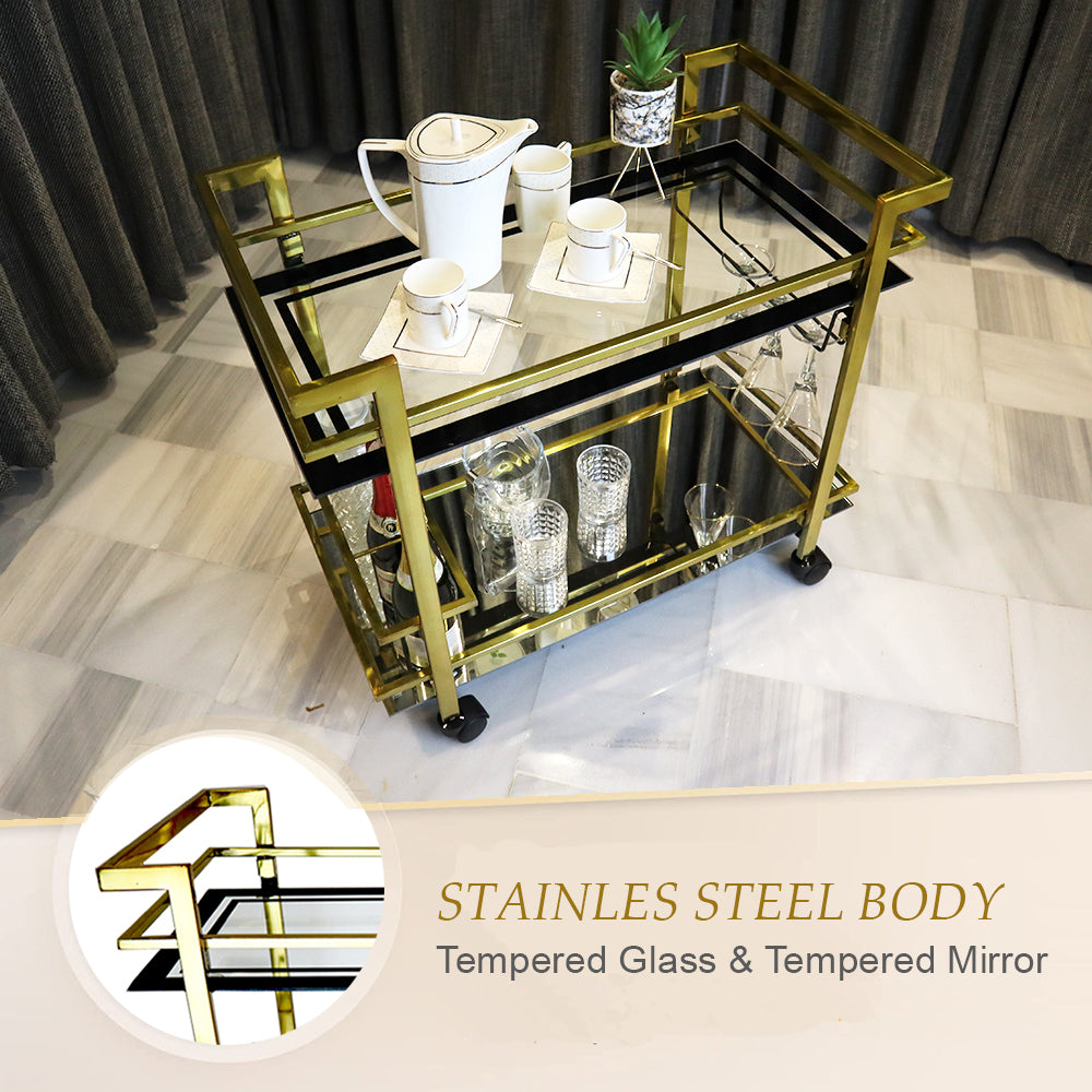 GLASGLOW Serving Trolley - serving cart size 30" x 16.5" x 28" Golden