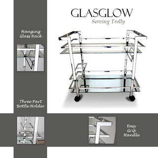 GLASGLOW Serving Trolley - serving cart size 30" x 16.5" x 28" Silver
