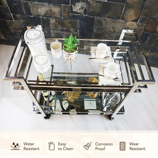 GLASGLOW Serving Trolley - serving cart size 30" x 16.5" x 28" Silver