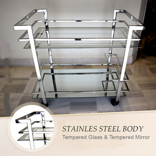 GLASGLOW Serving Trolley - serving cart size 30" x 16.5" x 28" Silver